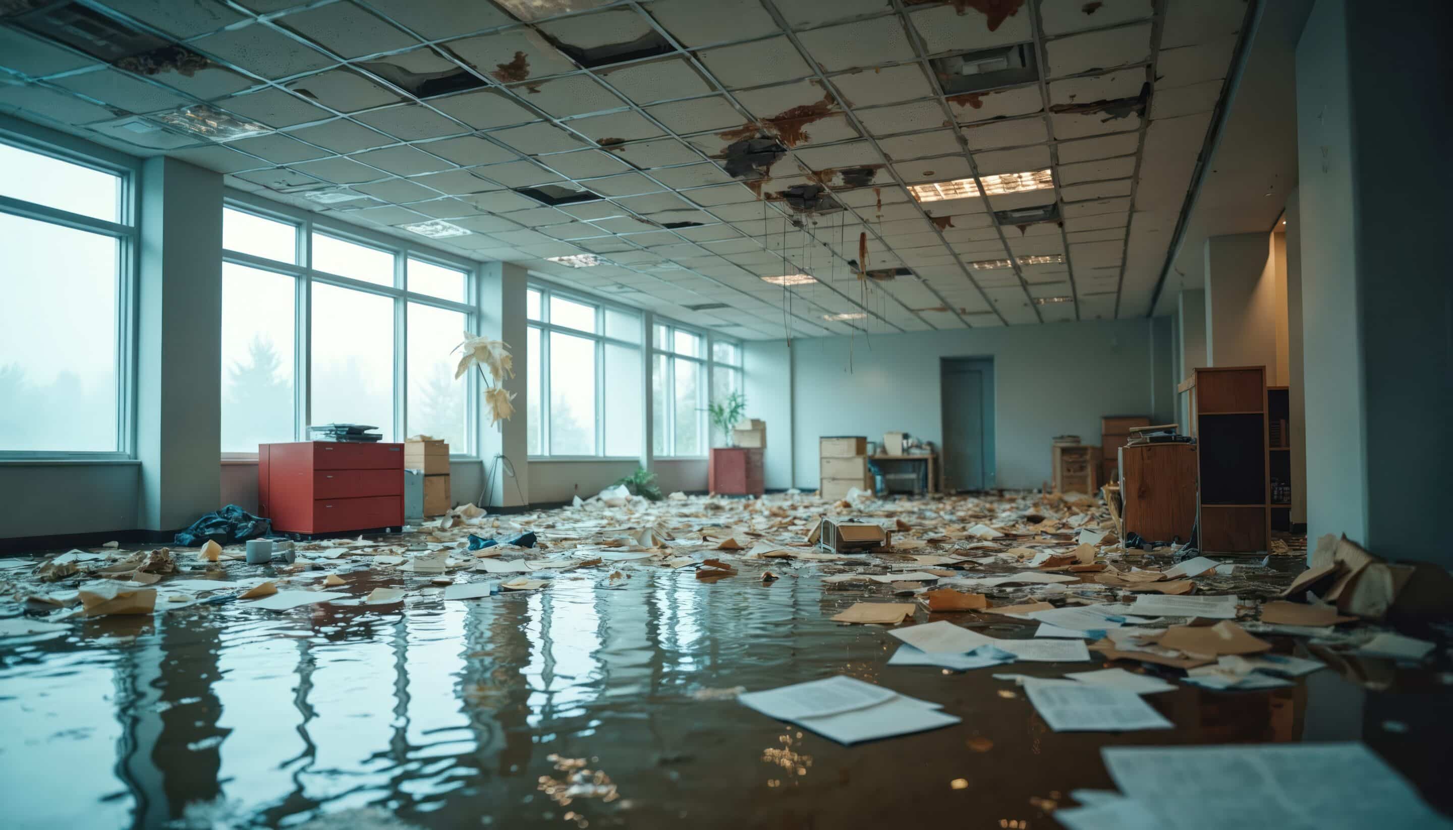 Technician cleaning flooded room with professional water removal equipment, orange safety uniform, reflective water surfaces.