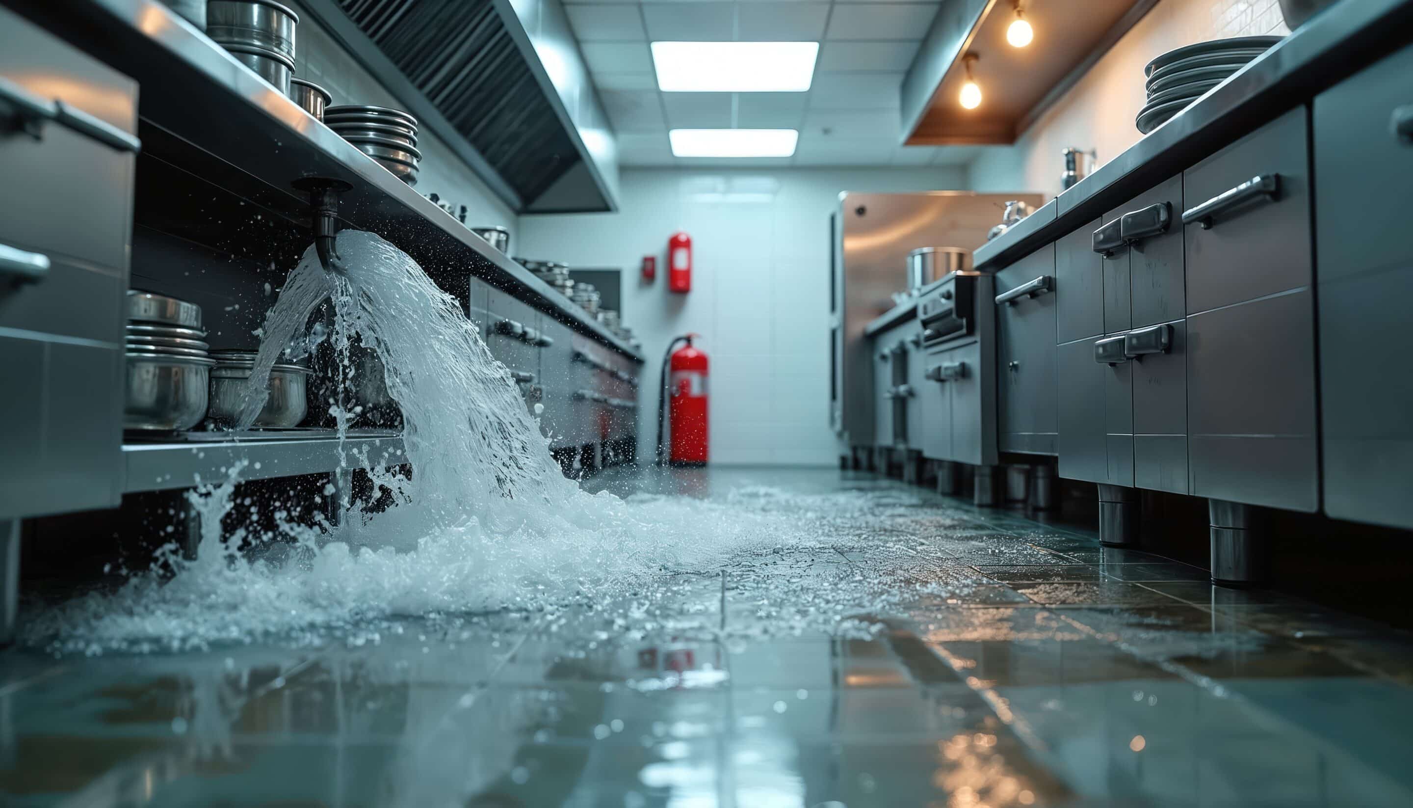 Technician cleaning flooded room with professional water removal equipment, orange safety uniform, reflective water surfaces.