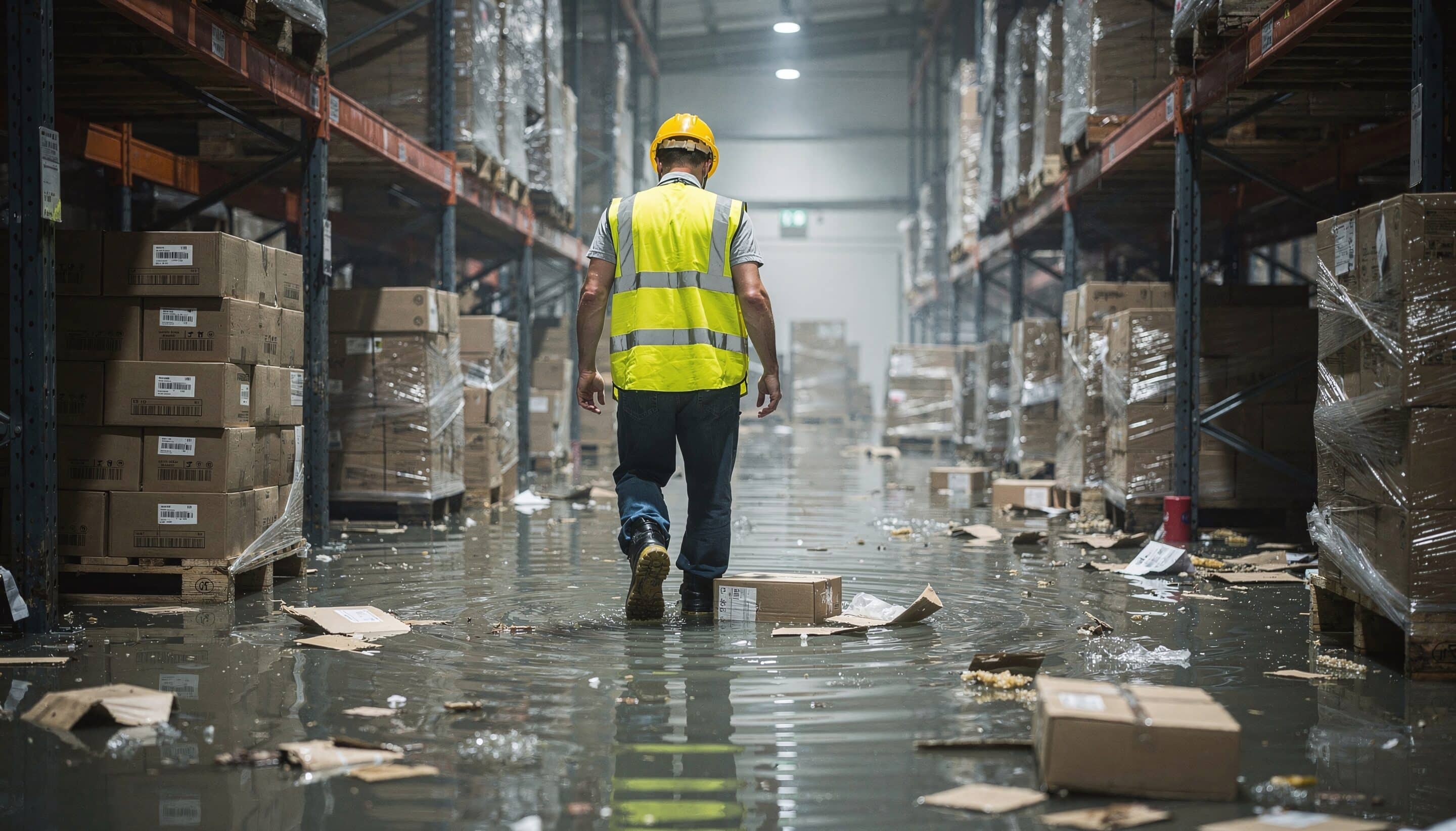 Technician cleaning flooded room with professional water removal equipment, orange safety uniform, reflective water surfaces.
