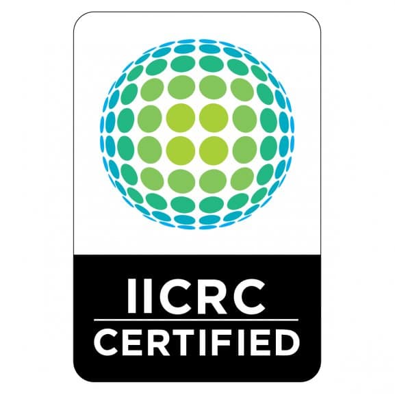 IICRC Certified badge with green and teal dotted globe, black label, for Water Pro water damage restoration and cleanup